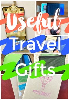 the words useful travel gifts are overlaided with images of various items in different colors