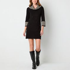 Stay warm and polished with this Jessica Howard women's short sweater dress. It's made from a soft stretch-knit in a structured shift shape with patterned 3/4 sleeve cuffs and an exaggerated cowl neckline. Wear it with boots. Closure Type: Pullover HeadNeckline: Cowl NeckSleeve Length: 3/4 SleeveSleeve Style: Fitted SleeveApparel Length: 35.5 Inches - BackDress Length: Knee LengthFiber Content: 88% Acrylic, 12% SpandexFabric Description: KnitCare: Dry Flat, Machine WashCountry of Origin: Imported Short Sweater Dress, Sweater Dress Black, Geometric Sweater, Short Sweater, Medium Dresses, Jessica Howard, Sweater Dresses, Cowl Neckline, Stay Warm