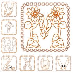 an embroidery pattern with flowers and birds in the center, surrounded by other stitching patterns