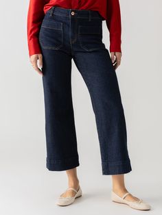 DETAILS Standard Rise Cropped Denim Trouser Wide Leg 2 Front Patch, 2 Back Pockets Button Front and Zip Fly Closure SIZE + FIT Model is 5'9 and is wearing a size 27. If in-between sizes, size down. Waist: 29" Front Rise: 10 1/2" Inseam: 27" Leg Opening: 20" FABRIC + CARE 99% Cotton 1% Spandex Comfort Stretch Denim Machine Wash Cold, Tumble Dry Low. Imported BETTER COTTON MEMBERS By choosing our cotton products, you support our investment in Better Cotton's mission. This product is sourced via a mass balance system and therefore may not contain Better Cotton. To learn more, go to bettercotton.org/massbalance. Linen Leggings, Stretch Denim Pants, Denim Short Dresses, The Marine, In Between, Cargo Jeans, Denim Trousers, Cropped Denim, Outerwear Sweater