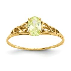 14k Madi K Synthetic Peridot Ring. Material: Primary - Purity:14K|Band Width:1 mm|Material: Primary:Gold|Product Type:Jewelry|Jewelry Type:Rings|Sold By Unit:Each|Material: Primary - Color:Yellow|Ring Type:Fashion Size: 7.  Gender: unisex.  Age Group: adult. Peridot Birthstone Ring, Gold Peridot Ring, Peridot Birthstone, Yellow Rings, Kids Rings, Green Rings, Peridot Stone, Rose Jewelry, Yellow Gold Setting