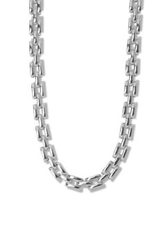 Sharp square links give modern finesse to a necklace that's plated in sterling silver or 18-karat gold. 16" length Sterling silver plate or 18k-gold plate Imported Modern Silver Tarnish Resistant Necklace, Formal Chain Link Necklace With Polished Finish, Modern Rectangular Necklaces For Formal Occasions, Modern Necklace With Rectangular Links And Polished Finish, Modern Silver Jewelry With Rectangular Links, Modern Linked Necklace With Polished Finish, Modern Tarnish Resistant Chain Necklace For Formal, Modern Formal Tarnish Resistant Chain Necklace, Modern Link Necklaces With Box Chain