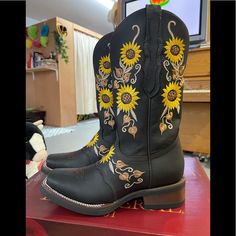 Square Toe Ladies Western Boots Brown With Sunflowers Western Style Yellow Boots For Spring, Brown Waterproof Boots For Western-themed Events, Western Square Toe Heeled Boots For Western-themed Events, Fitted Floral Print Summer Boots, Leather Square Toe Heeled Boots For Western-themed Events, Summer Floral Print Boots, Square Toe Boots Cowgirl Sun Flowers, Ladies Western Boots, Boots With Sunflowers