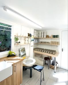 a room filled with lots of shelves next to a window