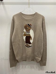 Olivia Mark - Premium Quality Wool Blend Cartoon Bear Sweater with Excellent Elasticity and Durability Teddy Bear Outfit, Scandinavian Clothing, Bear Outfit, Teddy Bear Sweater, Bear Sweater, Clothing Aesthetic, Cartoon Bear, Basic Shirts, Long Sleeve Knit Tops