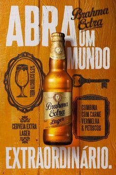 a bottle of beer sitting on top of a wooden sign that says abra e um mundoo extraordinario