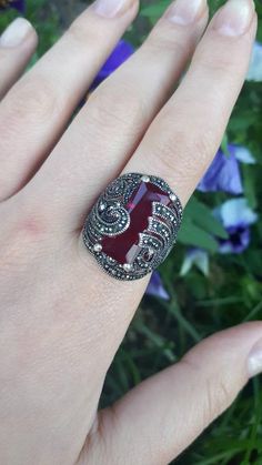 Burgundy ring Red marcazite ring Statement red ring Red vintage 70th ring Armenian silver jewelry Victorian Style Red Round Rings, Ornate Round Red Ruby Ring, Vintage Red Crystal Round Ring, Hallmarked Open Ruby Ring, Victorian Silver Ring With Garnet, Victorian Style Garnet Silver Ring, Victorian Garnet Silver Ring, Antique Red Gemstone Diamond Ring, Antique Silver Garnet Rings