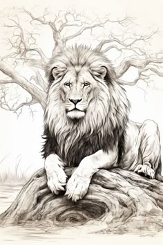 a drawing of a lion resting on a tree branch