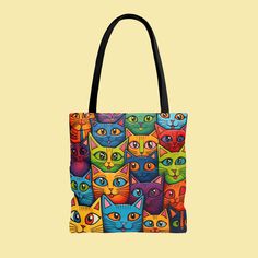 Colorful Cats Tote Bag Gift for Cat Owner Summer Bag For Cat Parent Beach Tote Cute Cats Canvas Tote Bag Canvas Artsy Gift Boho Tote Bag. This practical and high-quality bag is the perfect blend of comfort and style, whether you're strolling along the beach or exploring the vibrant streets of town. 𝐃𝐄𝐓𝐀𝐈𝐋𝐒 🐱 100% Polyester 🐱 Boxed corners 🐱 Black inner stitching, transparent thread on hems. 🐱Black cotton handles 🐱 With non-woven laminate inside 🐱 3 sizes: Small ( 12'x13'), Medium ( Cat Design Pouch Shoulder Bag For Travel, Travel Pouch Shoulder Bag With Cat Design, Travel Shoulder Bag With Cat Design, Travel Shoulder Bag With Cat Print, Cat Print Shoulder Travel Bag, Daily Use Shoulder Bag With Cat Design Pouch, Rectangular Cat Design Shoulder Bag For Daily Use, Cat Design Shoulder Bag For Daily Use, Daily Use Cat Design Shoulder Bag