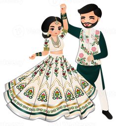 Cute couple dance in traditional indian dress cartoon characters bride and groom Mehndi Cartoon, Wedding Cartoon Couple, Cute Couple Dance, Engagement Caricature, Eid Cartoon, Shadi Pic, Haldi Platter, Creative Wedding Invitations Design