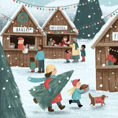 children are walking through the snow in front of small wooden buildings with christmas decorations on them