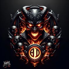 a demonic demon with flames and skulls on it's face, surrounded by other devilish