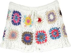 These peppy bohemian crochet shorts in snow white with multicolored flowers are the summer essential you have been looking for. They are very soft and comes with polyester lining. #tlb #CrochetClothing #vacationclothing #beachwrap #Floral #bohemianfashion #WhiteShorts #ColorfulShorts Bridesmaids Outfits, Colorful Shorts, Multicolored Flowers, Bohemian Shorts, Bohemian Crochet, Shorts Crochet, Beach Floral, Accessories Boho, Hippie Look