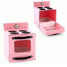 two small pink stoves with black knobs on the top and bottom, one is empty