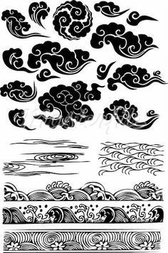 clouds and waves in the sky with black ink on white paper, set of four different designs