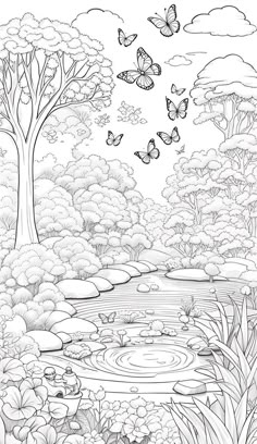 an adult coloring book with butterflies flying over the water and trees in the foreground