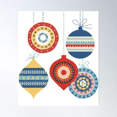 three christmas ornaments hanging from strings poster