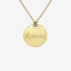 Included: 1 Chain(s)Features: Engraveable, PersonalizedJewelry Closure: Spring Ring ClaspLink Construction: SolidMetal Color: YellowChain Length: 18 InchChain Width: 1.25 MillimetersPendant Length: 16mmPendant Width: 16mmMetal: 24k Gold Over SilverChain Construction: CableCare: Polishing ClothAssembled in the US from Imported Materials Classic Round Name Necklace As Gift, Yellow Gold Round Name Jewelry, Yellow Gold Name Jewelry, Round Shape, Yellow Gold Round Jewelry With Name, Yellow Gold Round Disc Necklace With Engraving Option, Yellow Gold Name Jewelry In Round Shape, Yellow Gold Round Pendant Necklace With Name, Gold Round Charm Necklaces With Engraving Option, Gold Charm Necklaces With Engraving Option