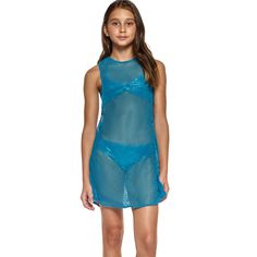 Little Peixoto knit cover-up Remi mini dress in turquoise blue. Pullover style. Imported. Polyamide, elastane. Size Conversion: (XS = 2/4), (S = 6/8), (M = 10/12), (L = 14). Fitted Mini Beach Dress For Poolside, Fitted Mini Dress For Beach Cover-up, Blue Beachwear Mini Dress For Beach, Stretch Sleeveless Mini Dress For Beach Party, Fitted Blue Cover-up For Beach Party, Stretch Mini Dress For Poolside, Blue Stretchy Sleeveless Swim Dress, Blue Cover-up For Summer Party, Fitted Blue Cover-up For Poolside