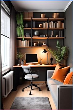 a home office with bookshelves and shelves full of books, plants and a computer