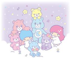 a group of teddy bears standing next to each other in front of a star filled sky