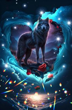 a painting of a wolf standing on top of a rock in the ocean with stars