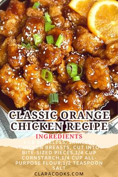 the recipe for orange chicken is in a bowl