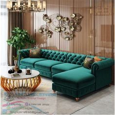 a living room filled with green couches next to a table