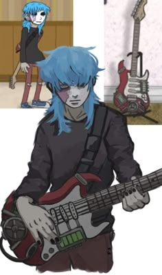 a person with blue hair playing a guitar