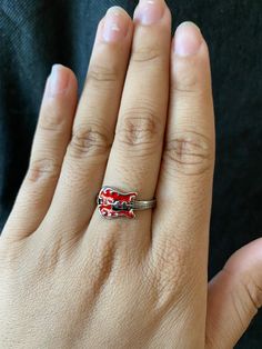 Flaming Guitar Ring US Size 6.5-7.5 Adjustable Band Promise Ring, Silver Band Jewelry For Concert, Silver Band Jewelry For Concerts, Flaming Guitar, Indie Rings, Guitar Ring, Fun Rings, Funky Rings, Rock Rings