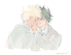 an anime character is hugging his face