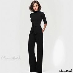 Olivia Mark - Stylish Monochrome Notched Collar Half Sleeve High-Waisted Wide Leg Jumpsuit Solid Color Belted Fitted Jumpsuits And Rompers, Fitted Solid Color Belted Jumpsuits And Rompers, Fitted Belted Jumpsuits And Rompers In Solid Color, Casual High Waist Jumpsuits And Rompers For Evening, Casual Evening High Waist Jumpsuits And Rompers, Casual Fitted Evening Jumpsuit, Formal Black Belted Jumpsuit, Formal High Waist Solid Jumpsuit, Fitted Full-length Solid Jumpsuits And Rompers