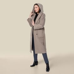 Hooded gray trench coat with tie front belt and button closure Classic Gray Wool Coat With Pockets, Fitted Gray Wool Coat With Pockets, Classic Gray Long-sleeved Sweater Coat, Long Wool Coat Women, Long-sleeved Gabardine Pea Coat, Gray Single-breasted Long Wool Coat, Spring Coats, Hooded Trench Coat, Grey Trench Coat