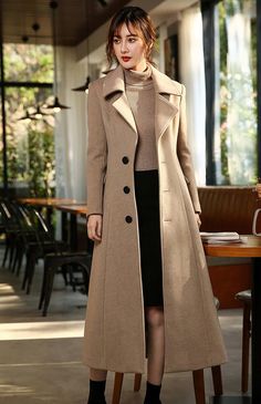 ❤❤A trench-inspired silhouette graces this wool blend coat that is simply elegant and will be an everlasting addition to your outerwear lineup. Detailed design: ●Single-breasted button closure ●Notched collar ●Lined ●Front welt pockets ●Removable tie belt ●Wool and polyester ●Dry clean ★★Please inform your height, weight and bust. Your clothes need me to spend 3-5 days to cut and sew. Please be patient. I will make your clothes with my heart. Palto Woman Winter Coats, Woolen Coat Winter, Long Wool Coat Women, Red Winter Coat, Tartan Coat, Woolen Coat Woman, Khaki Coat, Long Overcoat, Wool Coat Women