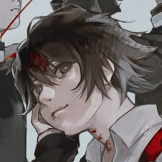 an anime character with black hair and blood on his face