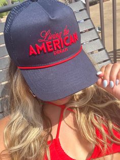 Shop the perfect mesh snapback hat, "Living the American Dream"! 5 pan hat. Dark blue and red for a stylish look and fit. Shop 1-800 Flags for all hats! Lake Fits, Usa Embroidery, Hat Bar, Neoprene Bag, July Outfits, Bass Lake, Rodeo Shirts, 5 Panel Hat, Vintage Trucker Hats