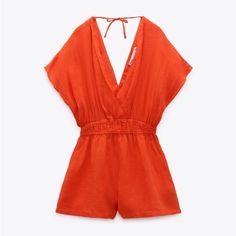 100% Linen Short Jumpsuit Red / Coral 0/8016/500/649/04 Cutout At Lower Back, Tie Neck. Chic Orange Beach Jumpsuits And Rompers, Chic Orange Jumpsuits And Rompers For Beach, Casual Red V-neck Jumpsuits And Rompers, Casual Red V-neck Jumpsuit, Chic Red One-piece Jumpsuits And Rompers, Chic Red One-piece Jumpsuit Or Romper, Chic Red Jumpsuits And Rompers For Summer, Chic Red One-piece Jumpsuit, Red Jumpsuits And Rompers For Beach In Spring