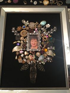 an old woman's portrait is surrounded by jewelry