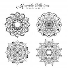 four circular designs in black and white with the words, mandal collection beauty & relax