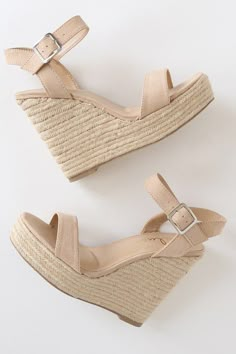 Seize the day and make it great in the Lulus Beachy Dreams Natural Suede Espadrille Wedges! Soft beige-colored suede shapes a fun peep-toe upper and matching quarter strap that secures with a silver buckle. Trendy espadrille details wrap around the 1.25"" toe platform and the sturdy wedge heel adding a beachy, relaxed vibe. 5" espadrille-wrapped wedge. Cushioned insole. Felted rubber sole has nonskid markings. Upper Material: Fabric. Sole Material: TPR. Imported. Lulus | Beachy Dreams Natural Su Womens Shoes Wedges Sandals, Women’s Wedges, Straw Wedge Heels, Outfit With Wedge Sandals, Summer Wedges Shoes, Cute Wedges Shoes, Trendy Wedges, Summer Shoes Wedges, Beige Wedges