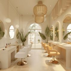 the interior of a salon with chairs, mirrors and potted plants on the wall