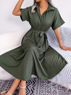 Style: Elegant Fit: Regular Fabric: Chiffon Pattern: Solid Element: Belted,Button Neckline: Collared Sleeve Type: Regular Sleeve Length: 1/2 Sleeve Product Type: Shirt Dress,A Line Dress,Maxi Dress Occasion: Daily Dress/Skirt Length: Maxi Main Composition: Polyester Season: Spring/Summer/Fall