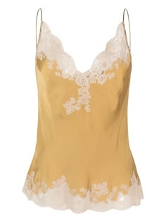 ochre yellow silk satin lace embroidered trim scallop edge plunging V-neck adjustable spaghetti straps Carine Gilson, Dressy Hats, Classy Blouses, Doll Halloween Costume, Ochre Yellow, Yellow Silk, Embroidered Trim, Scallop Edge, Five Points