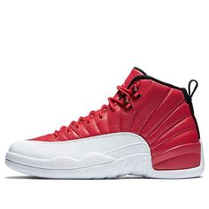 The Air Jordan 12 Retro "Gym Red" is a fresh take on the classic Jordan 12. This version features a tumbled leather upper in Gym Red, with a metallic finish on the tonal eyelets. A white basketball-textured mudguard provides contrast and support, while black detailing on the inner lining and heel pull-loop complete the look. Full-length Zoom Air in the phylon midsole provides cushioning, and herringbone pods on the rubber outsole offer traction. Whether you're hitting the hardwood or the streets Sporty Jordan Shoes With Contrast Sole In Leather, Sporty Leather Jordan Shoes With Contrast Sole, Leather Basketball Shoes With Contrast Sole For Light Sports, Leather Jordan Shoes With Contrast Sole For Sports, Casual High-top Sneakers With Red Sole For Light Sports, University Red Leather Lace-up Jordan Shoes, Leather High-top Jordan Shoes For Light Sports, Classic Red High-top Sneakers With Contrast Sole, Leather Basketball Shoes With Padded Tongue For Streetwear