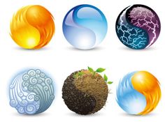 six different types of balls with swirls and waves on them, all in various colors