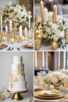 white and gold wedding decor with candles, flowers, and cake on the table in front of them