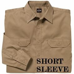 KEY BRAND MEN'S TWILL KHAKI UNIFORM SHIRT - SHORT SLEEVE.  WATER AND STAIN REPELLENT FINISH -  55% COTTON/ 45% POLYESTER 5.5 OZ. TWILL FABRIC -  DOUBLE NEEDLE STITCHING WITH MATCHING THREAD -  MATCHING BUTTON FRONT CLOSURE- EXTRA BUTTON ON FRONT HEM -  2 CHEST POCKETS WITH MITERED FLAP CLOSURE - LEFT WITH PENCIL SLOT -  PLEATED BACK YOKE -  DOUBLE BUTTON ADJUSTABLE CUFF WITH FINISHED DOGHOUSE PLACKET -  BANDED COLLAR - COLLAR STAYS Fitted Long Sleeve Camp Shirt Casual, Fitted Long Sleeve Casual Camp Shirt, Uniform Shirt, Uniform Shirts, Collar Stays, Twill Fabric, Casual Button Down Shirts, Military Jacket, Casual Shirts