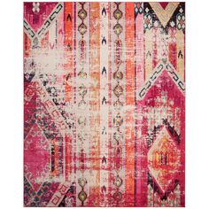 an orange, pink and white rug with different colored designs on the bottom half of it