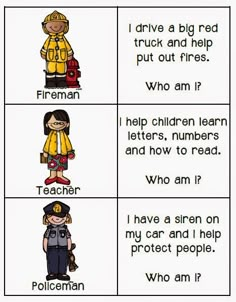 four different types of children's firefighters with the words, i drive a big red truck and help put out fires who am i?