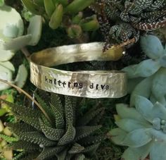 two brass bracelets with writing on them sitting next to succulents and cacti